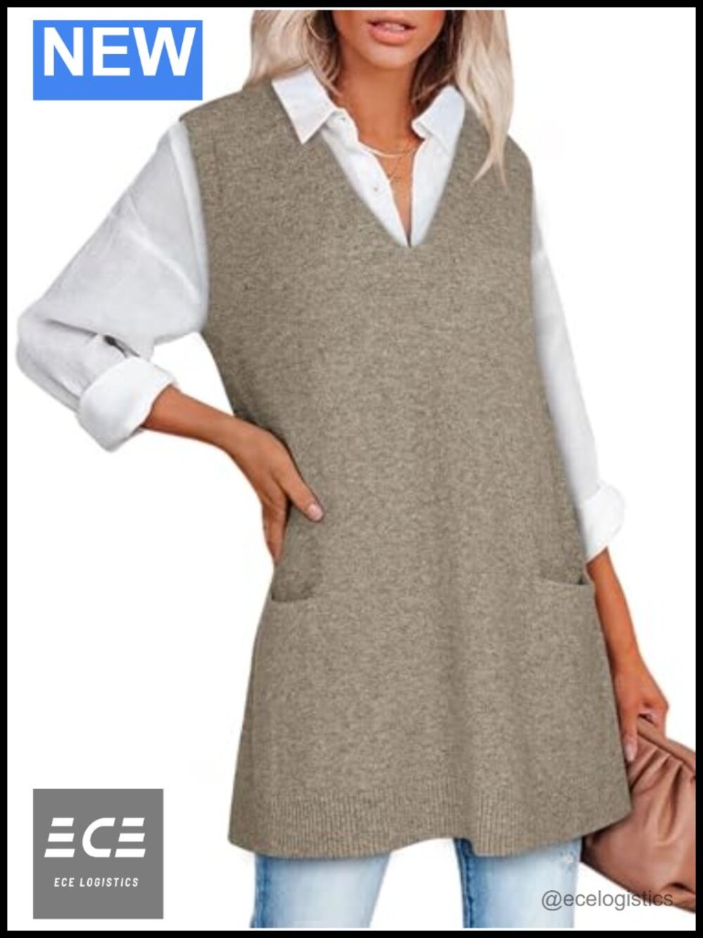 Sleeveless V-Neck Oversized Tunic Sweater Vest with Pockets